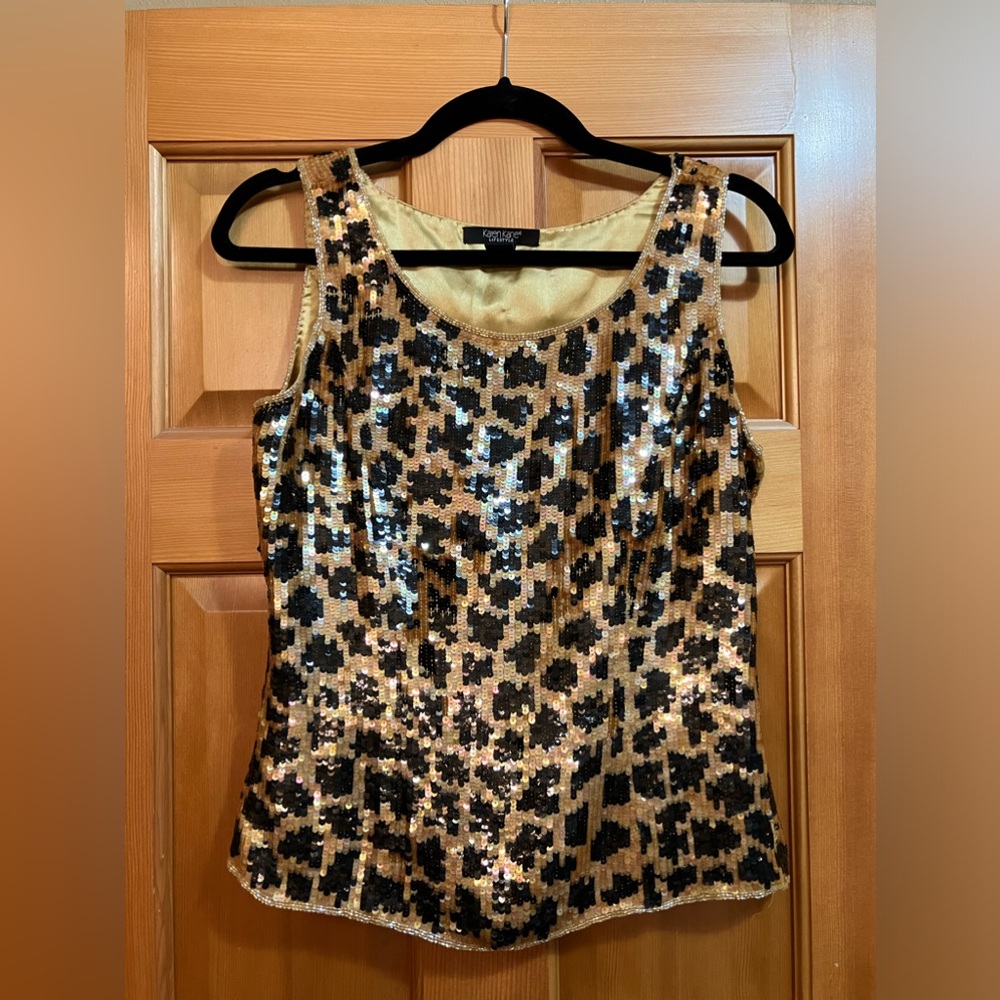 Karen Kane sleeveless tank leopard sequin pattern- beaded trim